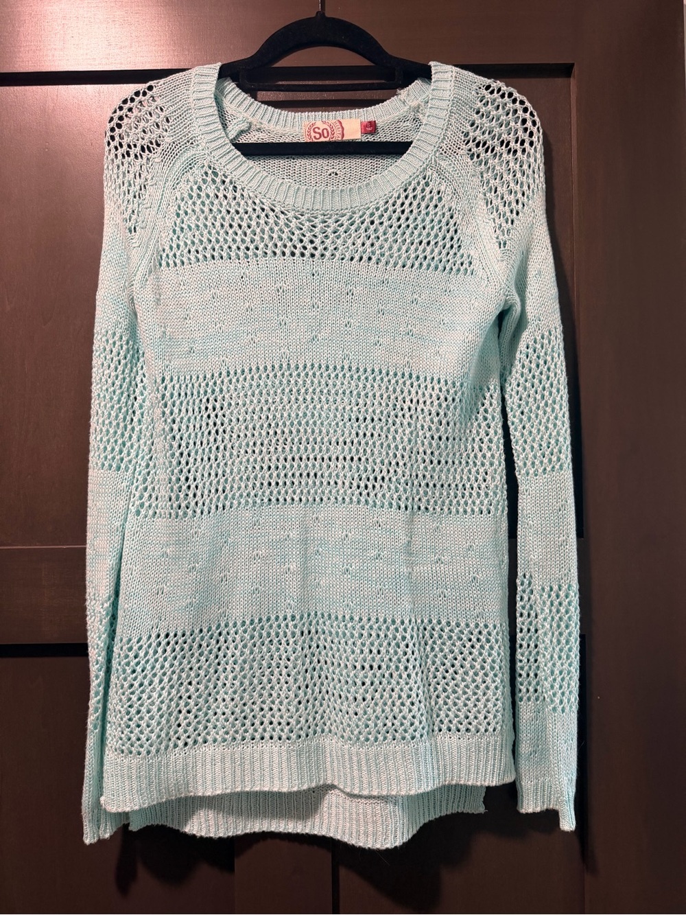 SO Women's Mint Open-Knit Crewneck Sweater